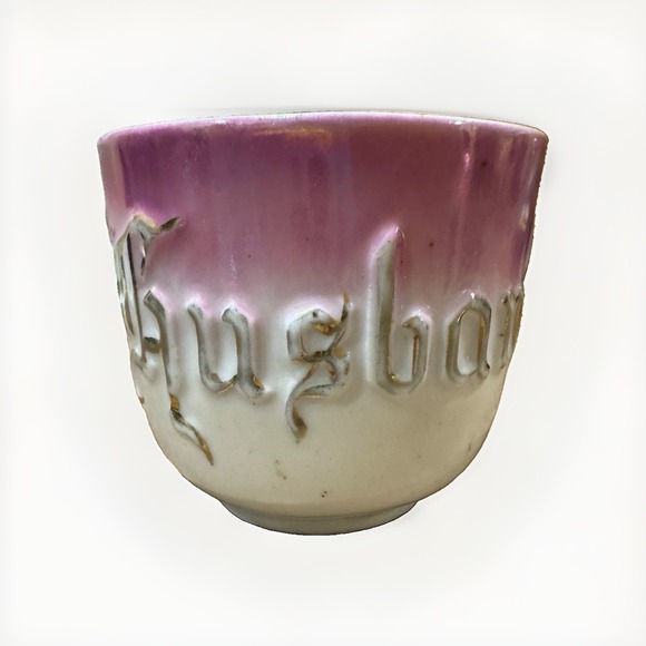 Other - Antique German Porcelain Mustache Cup Pink Floral Raised HUSBAND Victorian As Is